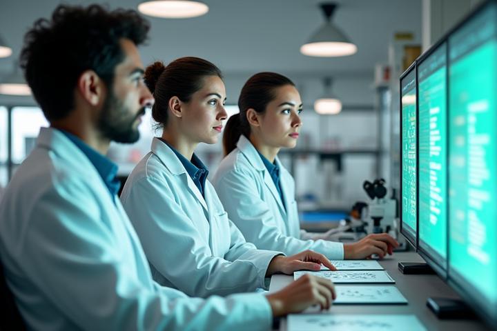 Scientists in a modern lab examining data and research, signifying evidence-based approach