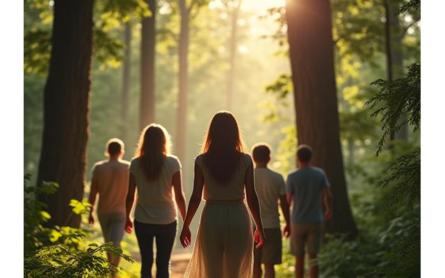 Attendees participating in a serene forest bathing session, surrounded by trees.