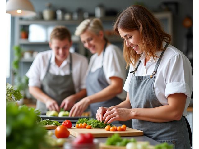 Attendees engaged in a nutrition cooking class, smiling as they chop vegetables.