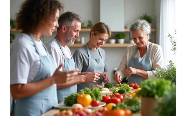 Adults learning about nutrient-dense foods in a modern kitchen setting