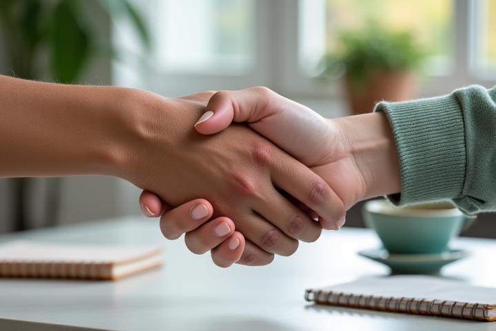 Two diverse hands clasping in a friendly handshake over a table with wellness items, symbolizing partnership.