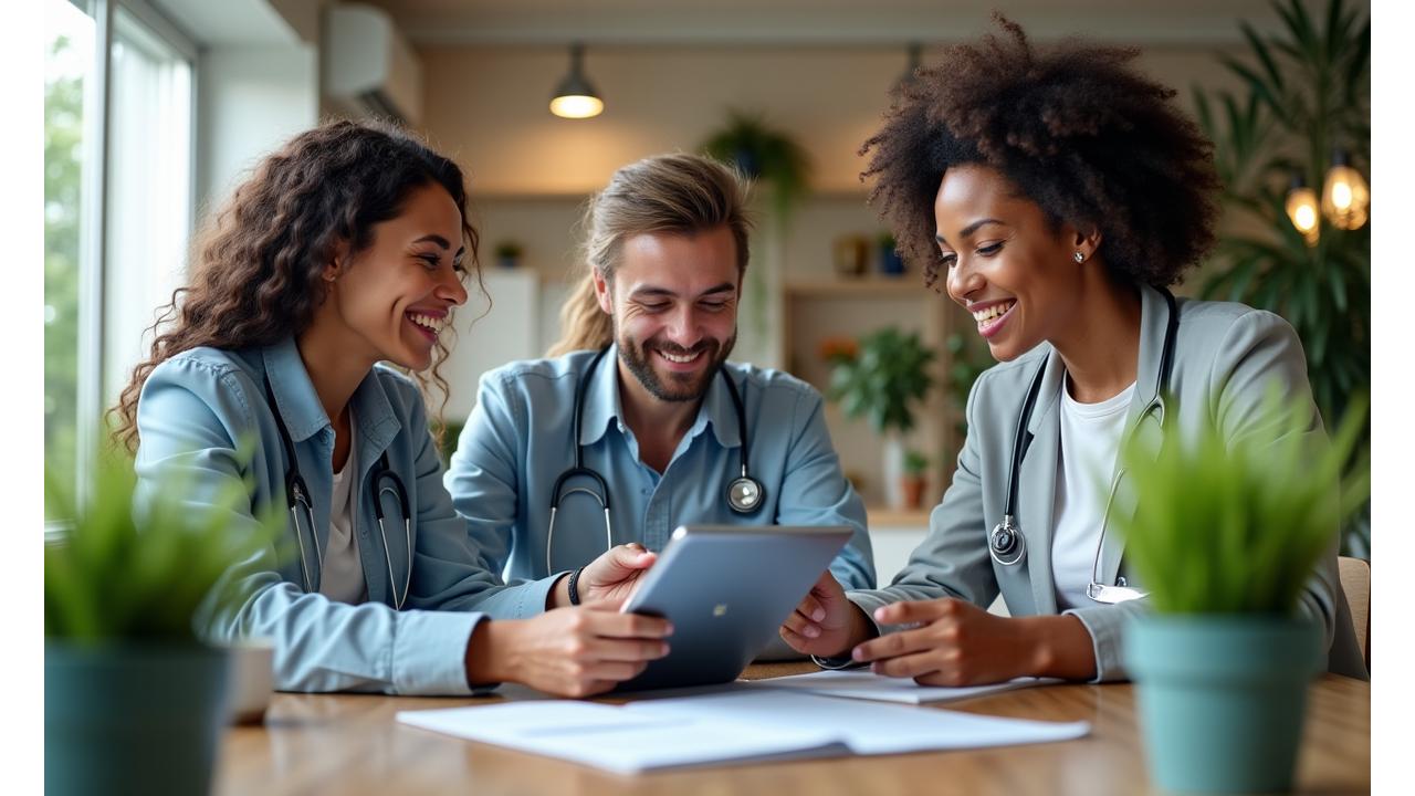 A diverse team of wellness professionals collaborating at a modern, bright office desk with plants and digital tablets.