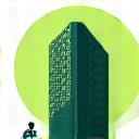 Office building icon with a person walking in