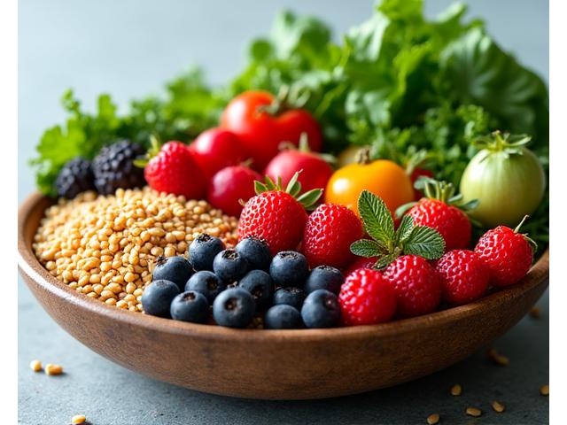 Vibrant assortment of fruits, vegetables, and whole grains, symbolizing functional nutrition.