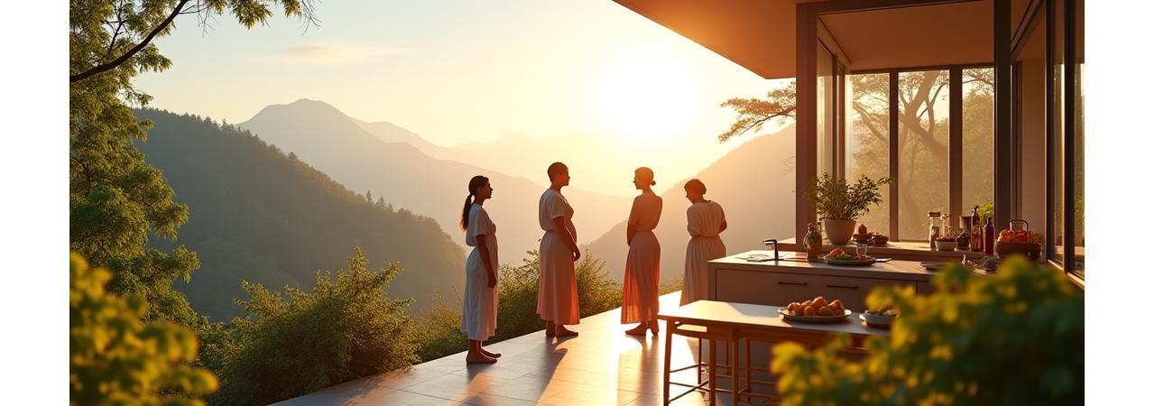 Diverse group of adults 35+ engaging in vibrant wellness activities like yoga, healthy cooking, and mindful walking in a natural, bright setting.