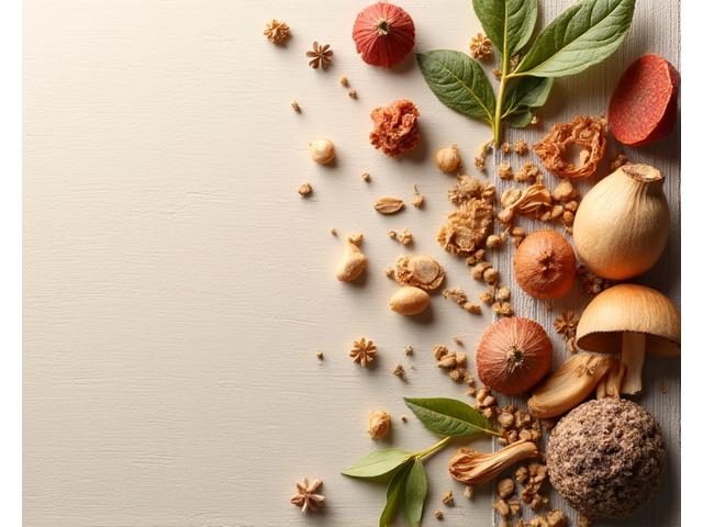 Assortment of various adaptogenic herbs and mushrooms (Ashwagandha, Reishi, Rhodiola) laid out on a natural wooden surface, with soft, diffused lighting.