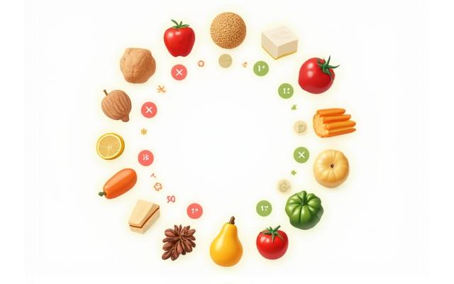 Abstract depiction of various foods with some highlighting adverse reactions, illustrating food sensitivity testing concepts.