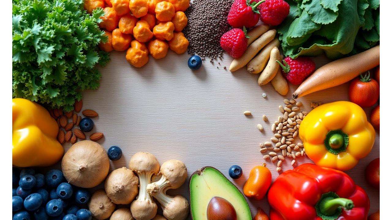 Variety of vibrant functional foods on a wooden table: leafy greens, berries, nuts, seeds, mushrooms, and colorful vegetables, with soft natural light.