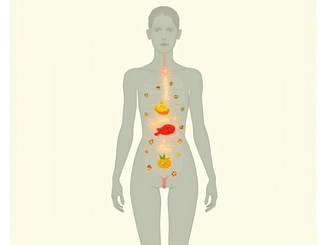 Illustration of a human body with interconnected systems and various food molecules flowing through, depicting the scientific principles of functional nutrition, with infographics.