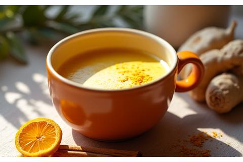 Close-up of a vibrant anti-inflammatory turmeric latte with fresh ginger, cinnamon, and a hint of steam, on a minimalist background.