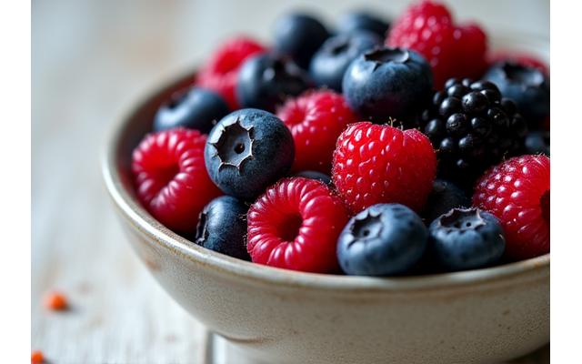 Close-up of vibrant mixed berries (blueberries, raspberries, blackberries) in a bowl, evoking freshness and antioxidants.
