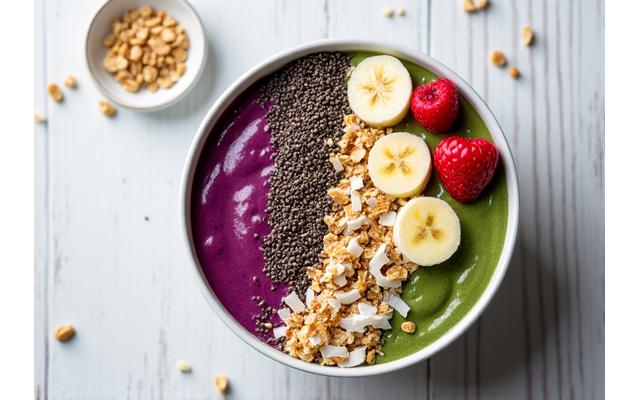 Overhead shot of a delicious, colorful superfood smoothie bowl with granola, fruit, and chia seeds, against a clean white background.