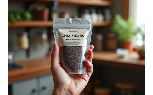 Hand holding a small bag of organic chia seeds with a blurred rustic pantry background, emphasizing quality sourcing.