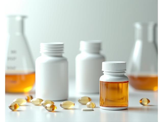 Assortment of high-quality supplement bottles and capsules on a clean, light surface, with scientific glass beakers in the blurred background, suggesting precision and efficacy.