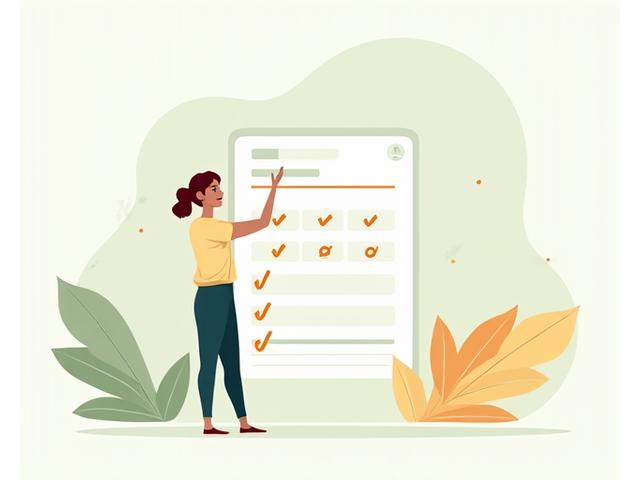 Illustration of a person engaging with an interactive digital questionnaire, with wellness metrics and a progress bar, representing a burnout assessment.