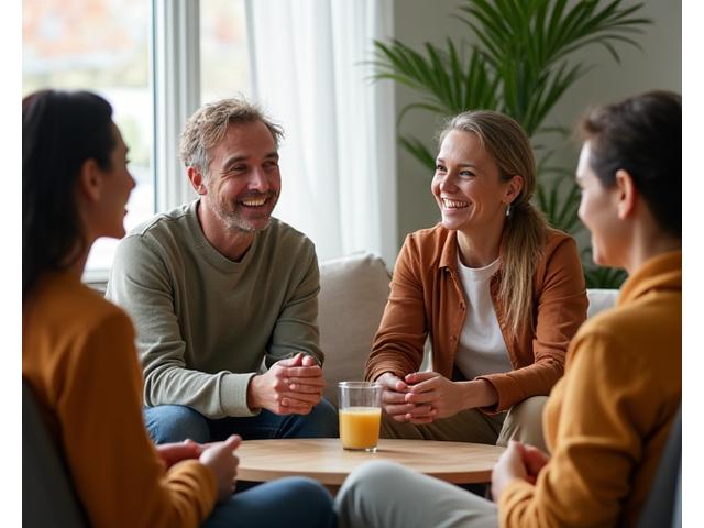 A diverse group of adults in a supportive circle, engaged in a conversation or group workshop, symbolizing community and shared recovery from burnout.