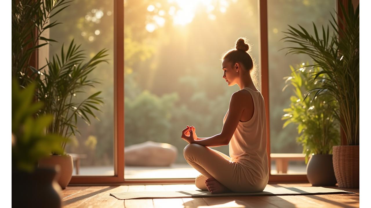 Woman meditating calmly in a serene, natural setting with soft sunlight, symbolizing peace and recovery from burnout.