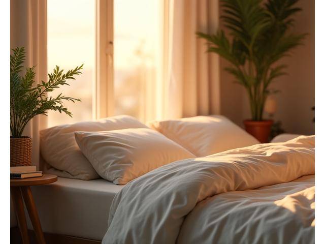 Serene image of a peaceful bedroom at dawn, with soft, natural light, symbolizing restorative sleep and optimal circadian rhythm.