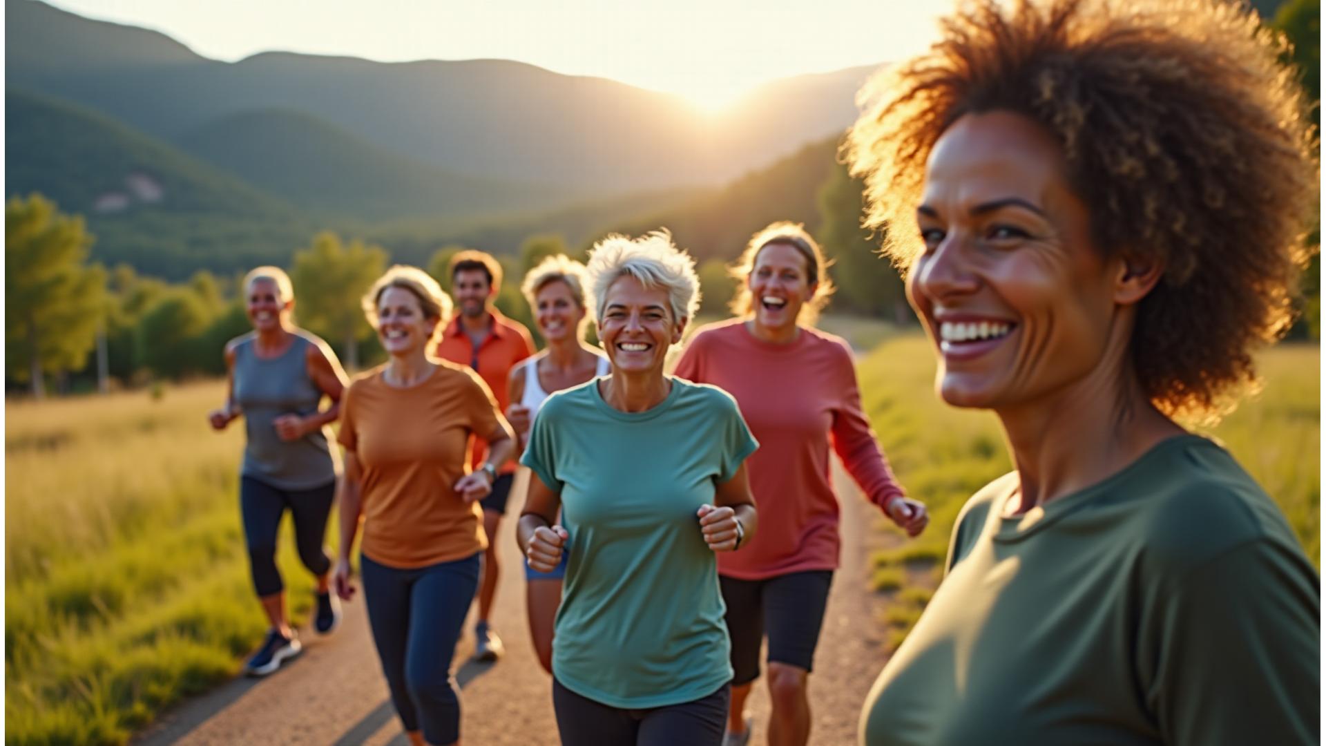 Diverse group of vibrant adults 35+ of various ethnicities laughing and exercising outdoors, embodying health and vitality