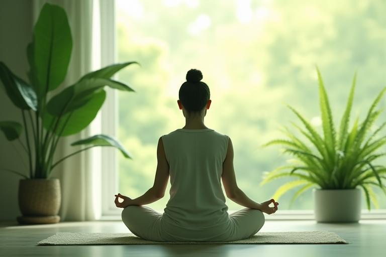 Person meditating in a calm, green setting, representing stress reduction and recovery