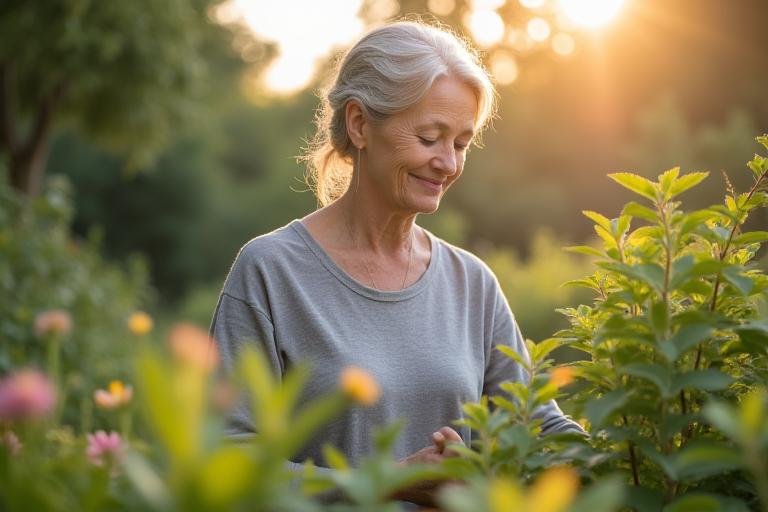 A serene woman gardening, representing graceful aging and vitality
