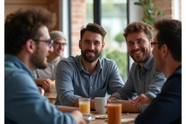 A diverse group of men in their 30s and 40s engaged in a discussion circle, smiling and connecting, in a warm, inviting community space.