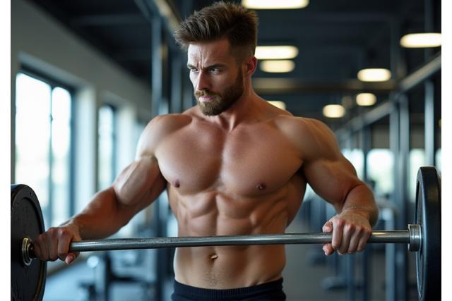 Man in his late 30s or early 40s actively lifting weights in a modern gym, embodying physical wellness and strength.