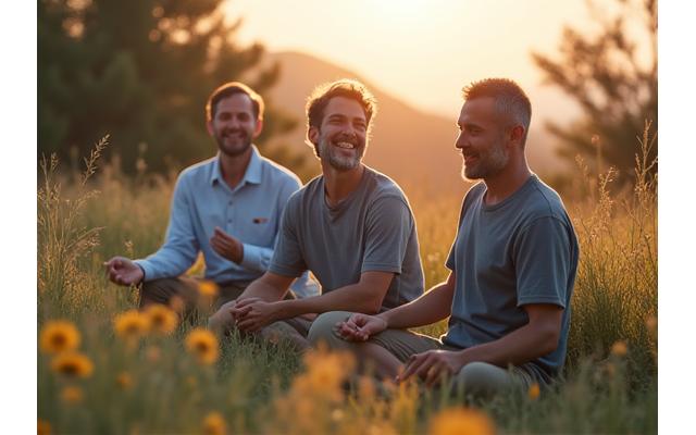 Diverse group of men engaging in mindful activities, hiking, meditating in nature, and supporting each other in a clean, modern setting, symbolizing strength and vulnerability.