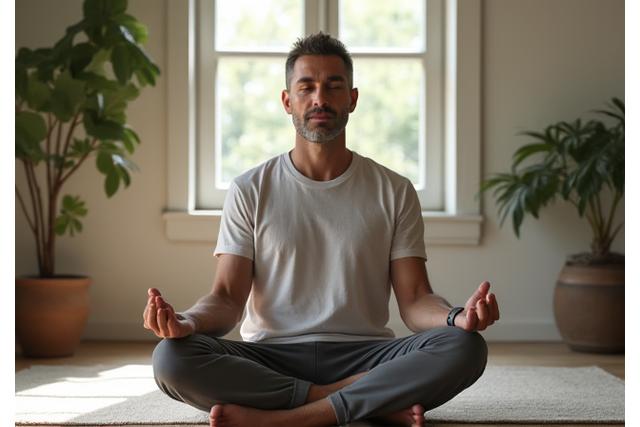 Man quietly meditating in a serene, natural setting, symbolizing emotional fitness and mindfulness.