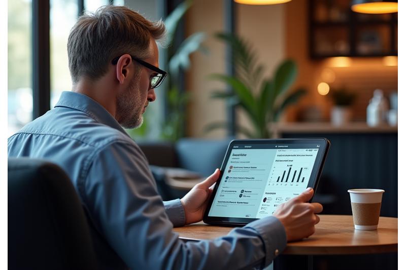 Man thoughtfully interacting with a digital tablet displaying wellness values assessment, set in a bright, modern cafe.