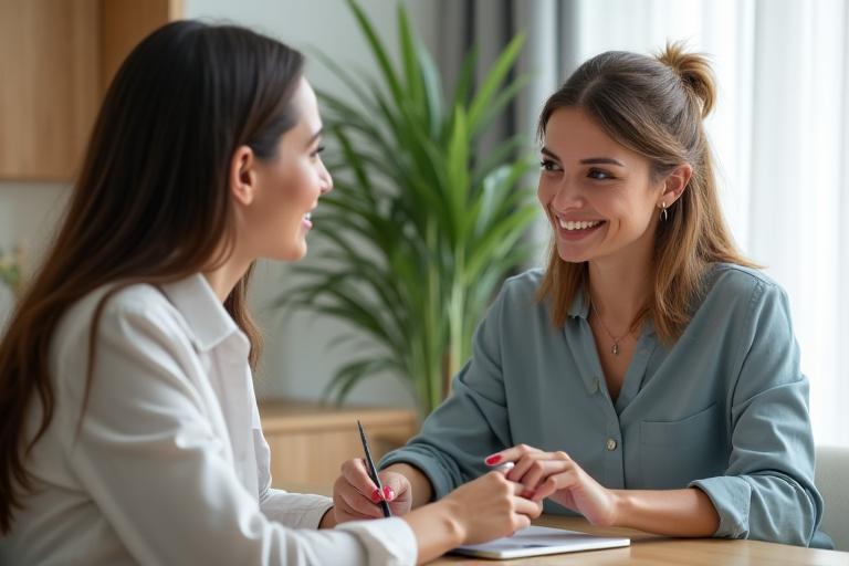 A wellness expert consulting with a client in a modern, calm office setting, demonstrating personalized guidance.