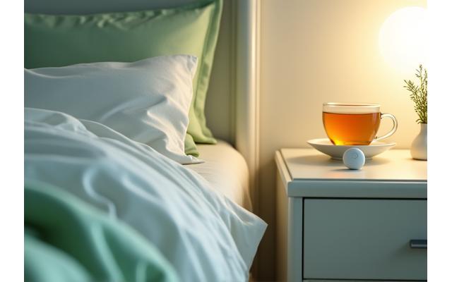 A serene bedroom with soft lighting and a sleep tracking device on a nightstand, symbolizing personalized sleep optimization.