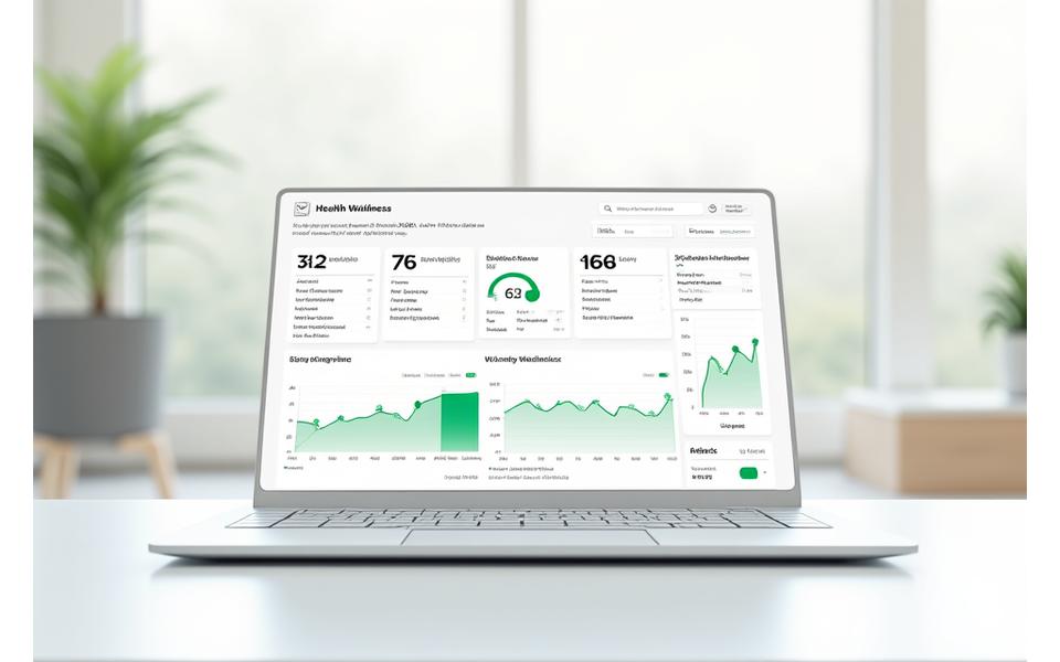 A clean, easy-to-read digital dashboard displaying wellness metrics such as sleep quality, energy levels, and stress markers with progress graphs.