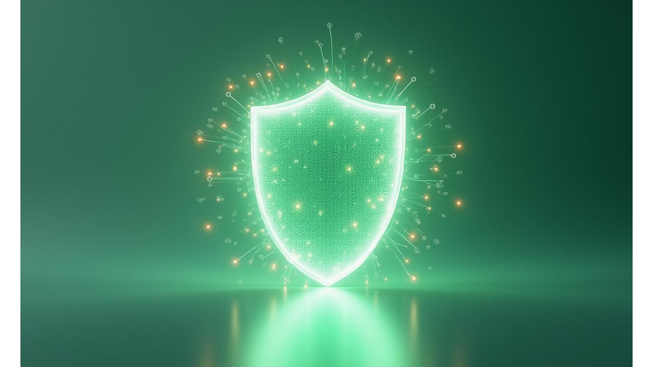 Illustration of secure data protection with digital shield and interwoven lines representing encryption