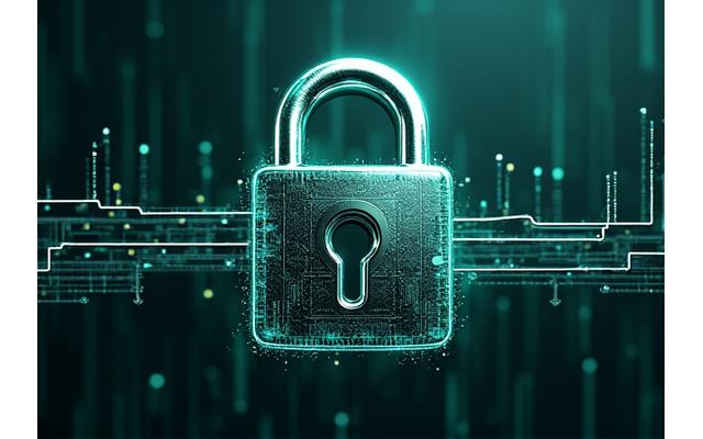 Illustration of a padlock integrated with digital lines and network, symbolizing robust data security