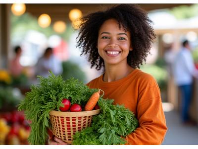 Maria holding up fresh produce from a Boulder farmers market