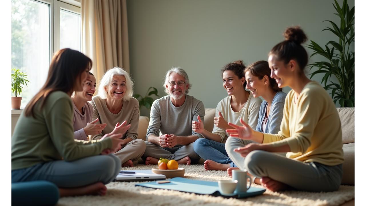 Diverse group of adults participating in an engaging online wellness workshop, smiling at their screens