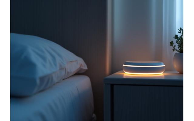 Minimalist Aura Sleep Tracker device on a nightstand with gentle light glow.