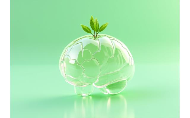 Brain-shaped light bulb with green plant sprouts, symbolizing cognitive health and growth.
