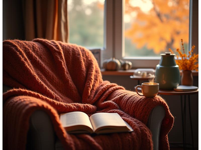 Warm, calming autumnal scene with a cozy blanket, herbal tea, and a book, symbolizing fall stress management and comfortable transitions.