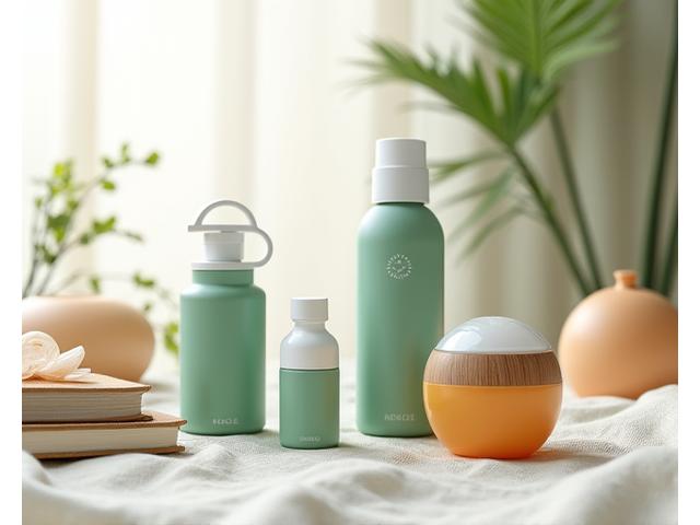 Assortment of high-quality wellness products like supplements, a smart water bottle, and a journal on a clean, natural background, symbolizing health and vitality.