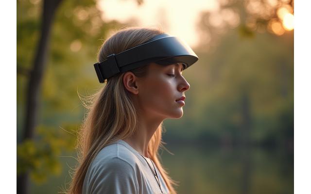 Person using MindFlow Meditation Headset in a serene, nature-inspired setting.