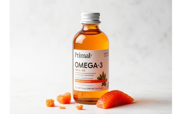 Bottle of Primal Omega-3 KRILL Oil with salmon and krill.