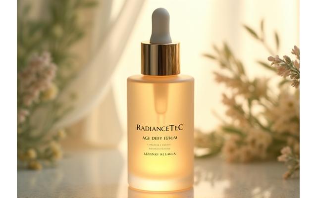 RadianceTec Age-Defy Serum bottle with glowing liquid and subtle botanical elements.