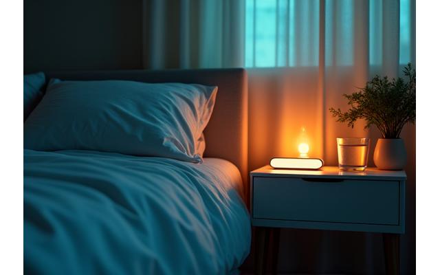 Peaceful bedroom scene with soft lighting, a cozy bed, and a digital sleep tracker, emphasizing rest and recovery.