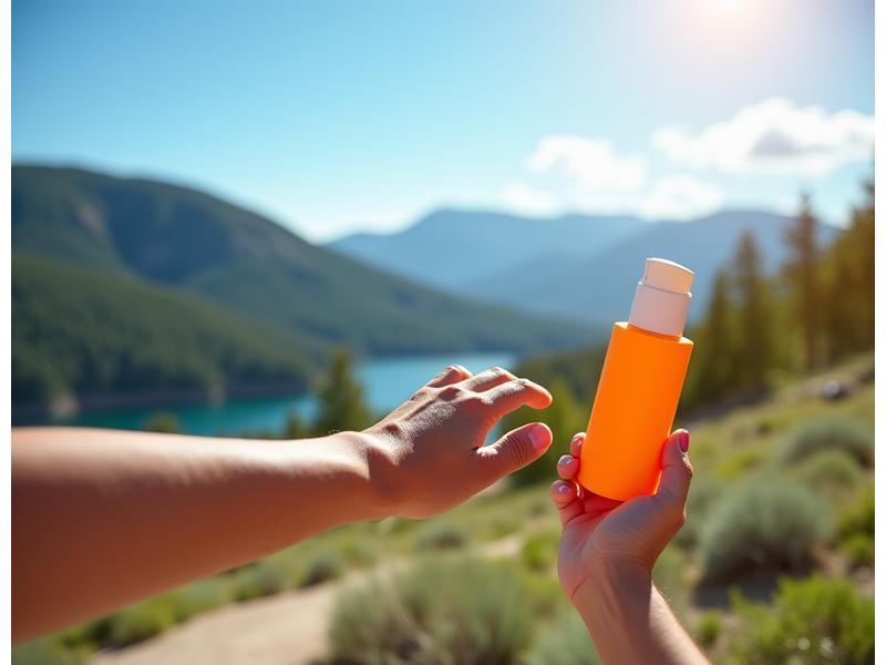 Person applying sunscreen with outdoor, sunny backdrop, representing summer skin protection in high altitude.