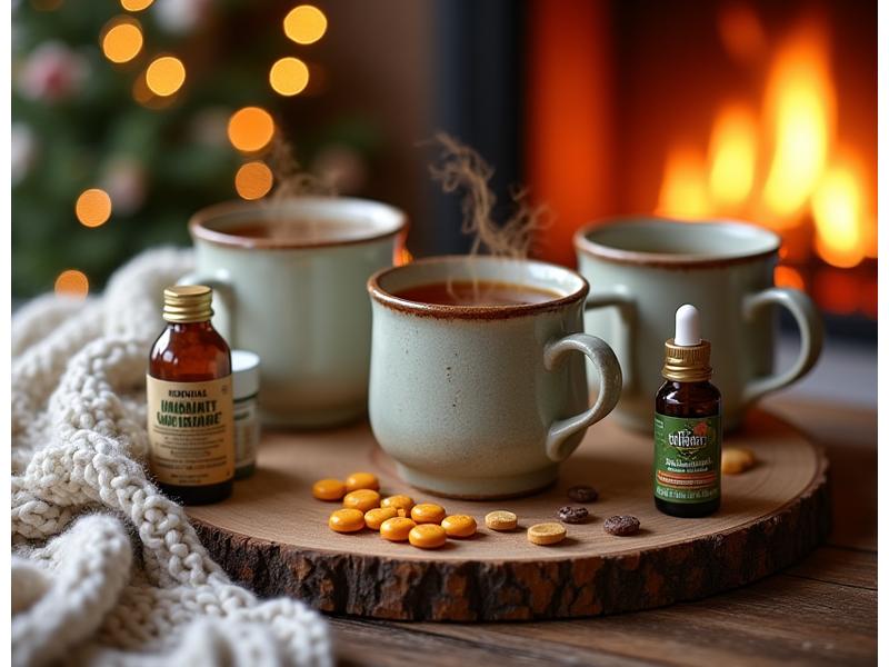 Cozy winter scene with herbal teas and immunity-boosting supplements, representing winter wellness.